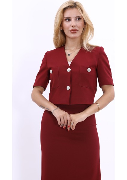V Yaka Kısa Ceket-Bordo