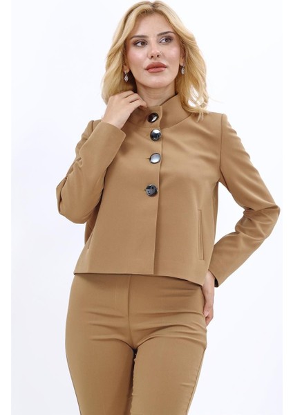 Oval Dik Yaka Kısa Ceket-Camel fiyatları