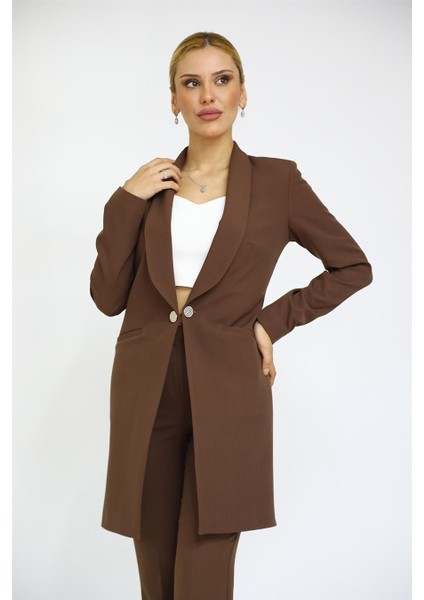 Şal Yaka Cepli Uzun Ceket-Kestane