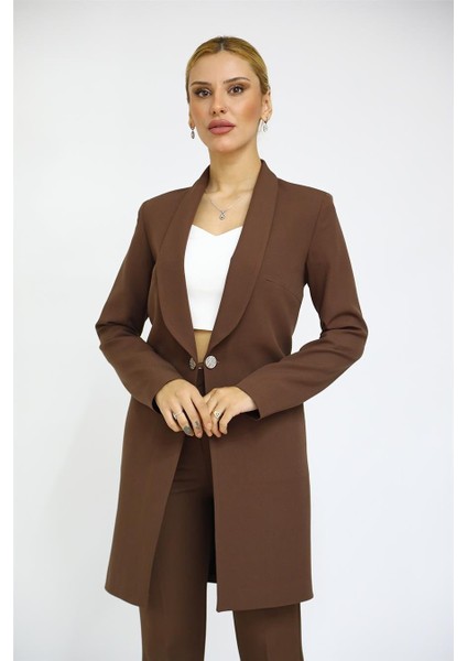 Şal Yaka Cepli Uzun Ceket-Kestane indirimleri