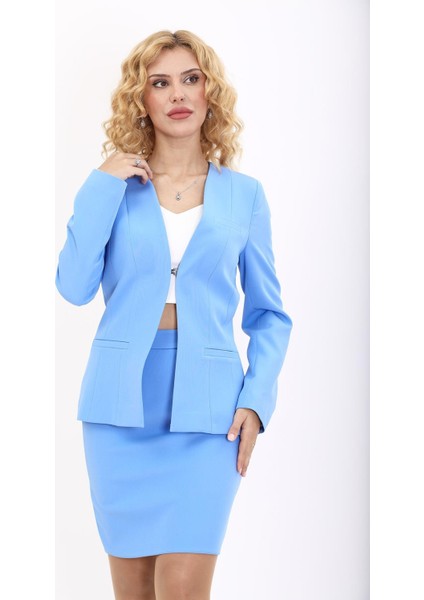 V Yaka Boydan Kuplu Kılasik Ceket-Gökyüzü