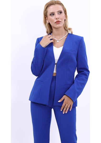V Yaka Boydan Kuplu Kılasik Ceket-Saks