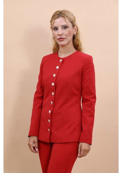 Sıfır Yaka Boydan Düğmeli Ceket-Kırmızı