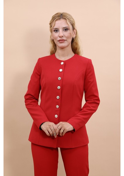 Sıfır Yaka Boydan Düğmeli Ceket-Kırmızı fiyatları