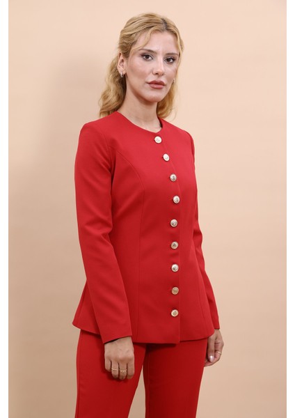 Sıfır Yaka Boydan Düğmeli Ceket-Kırmızı modelleri