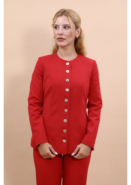 Sıfır Yaka Boydan Düğmeli Ceket-Kırmızı fırsatları