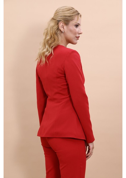 Sıfır Yaka Boydan Düğmeli Ceket-Kırmızı indirimleri