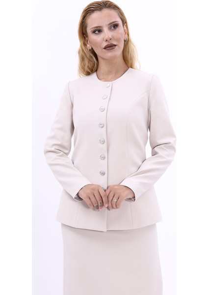 Sıfır Yaka Boydan Düğmeli Ceket-Bej