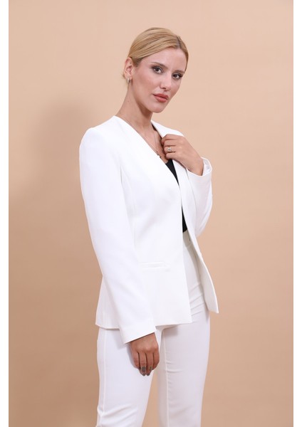 V Yaka Boydan Kuplu Kılasik Ceket-Beyaz fiyatları