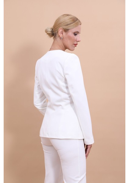 V Yaka Boydan Kuplu Kılasik Ceket-Beyaz modelleri