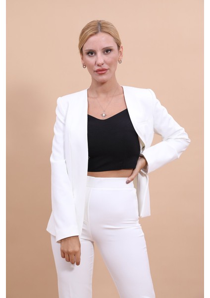 V Yaka Boydan Kuplu Kılasik Ceket-Beyaz fırsatları