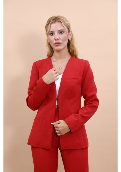 V Yaka Boydan Kuplu Kılasik Ceket-Kırmızı