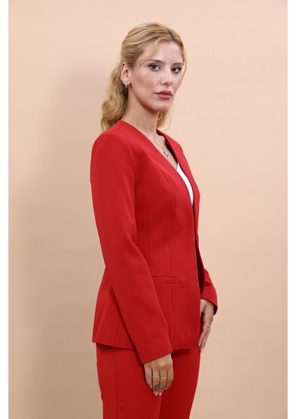 V Yaka Boydan Kuplu Kılasik Ceket-Kırmızı fiyatları