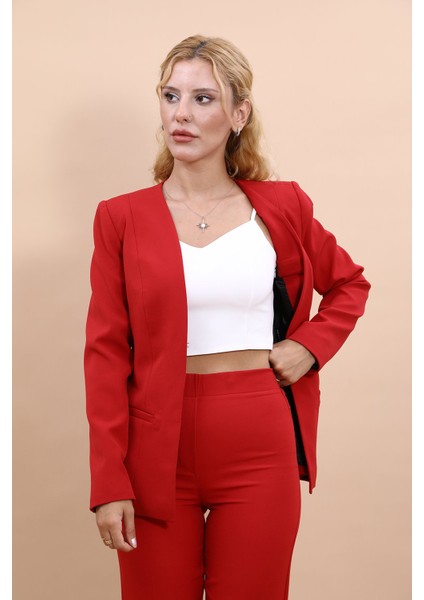 V Yaka Boydan Kuplu Kılasik Ceket-Kırmızı modelleri