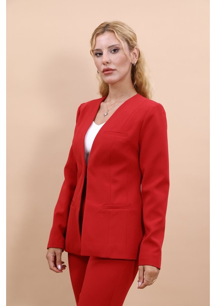 V Yaka Boydan Kuplu Kılasik Ceket-Kırmızı indirimleri