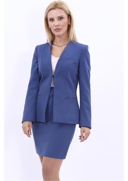 V Yaka Boydan Kuplu Kılasik Ceket-Indigo