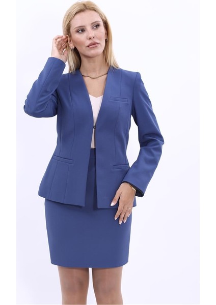 V Yaka Boydan Kuplu Kılasik Ceket-Indigo fırsatları