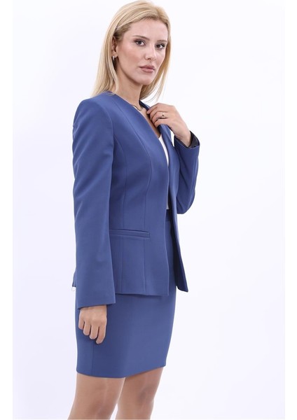 V Yaka Boydan Kuplu Kılasik Ceket-Indigo indirimleri