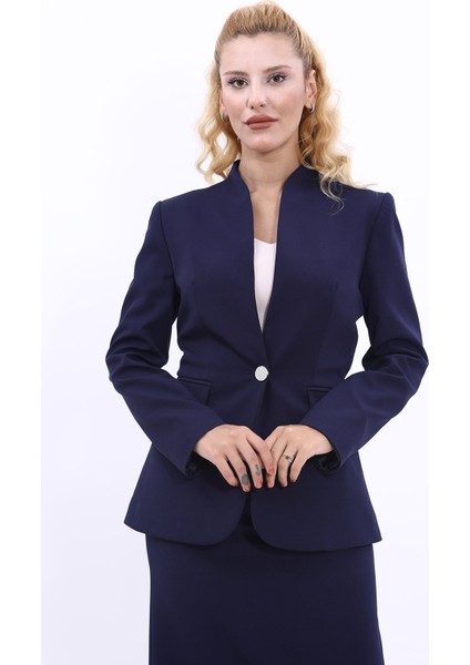 Kendinden Dik Yakalı Ceket-Lacivert
