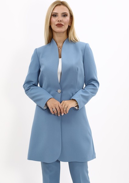 Kendinden Dik Yakalı Tek Düğmeli Uzun Ceket-Deniz