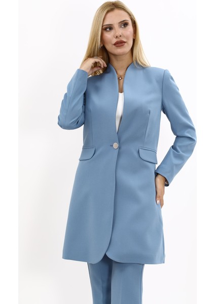Kendinden Dik Yakalı Tek Düğmeli Uzun Ceket-Deniz fiyatları