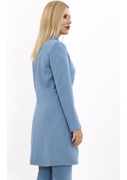 Kendinden Dik Yakalı Tek Düğmeli Uzun Ceket-Deniz fırsatları