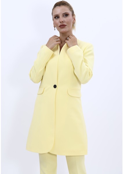 Kendinden Dik Yakalı Tek Düğmeli Uzun Ceket-Sarı