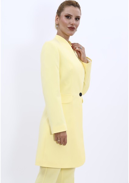 Kendinden Dik Yakalı Tek Düğmeli Uzun Ceket-Sarı fırsatları