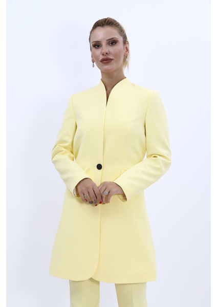 Kendinden Dik Yakalı Tek Düğmeli Uzun Ceket-Sarı indirimleri