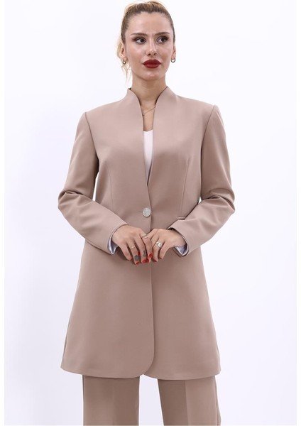 Kendinden Dik Yakalı Tek Düğmeli Uzun Ceket-Taş