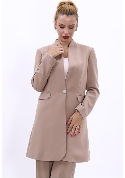 Kendinden Dik Yakalı Tek Düğmeli Uzun Ceket-Taş fiyatları