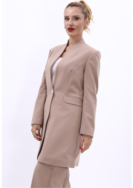 Kendinden Dik Yakalı Tek Düğmeli Uzun Ceket-Taş modelleri