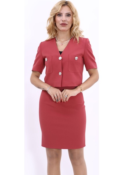 V Yaka Kısa Ceket-Kiremit