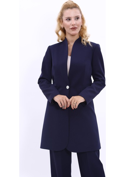 Kendinden Dik Yakalı Tek Düğmeli Uzun Ceket-Lacivert