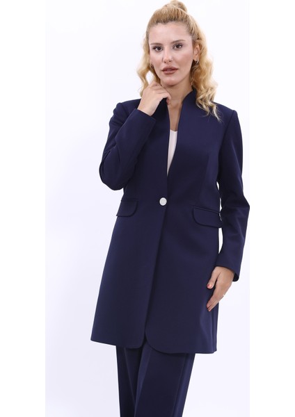 Kendinden Dik Yakalı Tek Düğmeli Uzun Ceket-Lacivert fiyatları