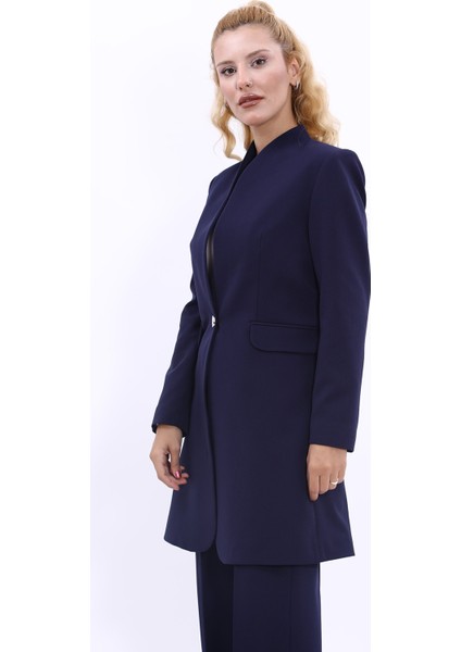 Kendinden Dik Yakalı Tek Düğmeli Uzun Ceket-Lacivert modelleri