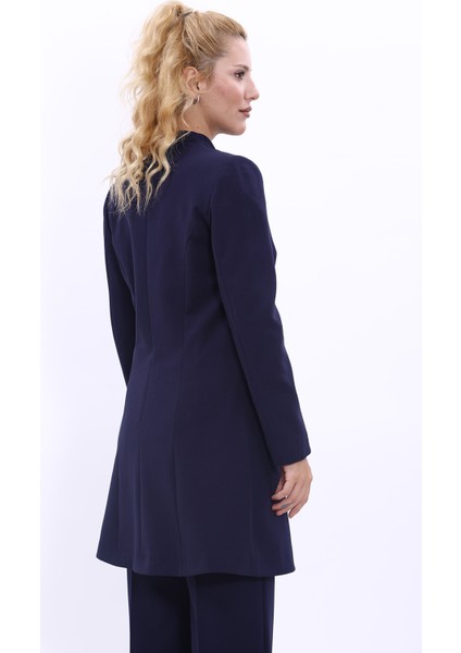 Kendinden Dik Yakalı Tek Düğmeli Uzun Ceket-Lacivert fırsatları