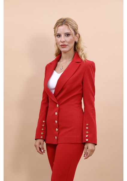 Erkek Yaka Düğme Detaylı Ceket-Kırmızı