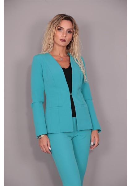 V Yaka Boydan Kuplu Kılasik Ceket-Turkuaz fiyatları