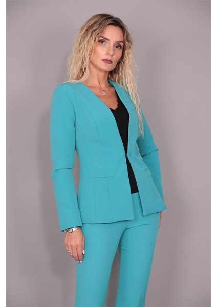 V Yaka Boydan Kuplu Kılasik Ceket-Turkuaz fırsatları