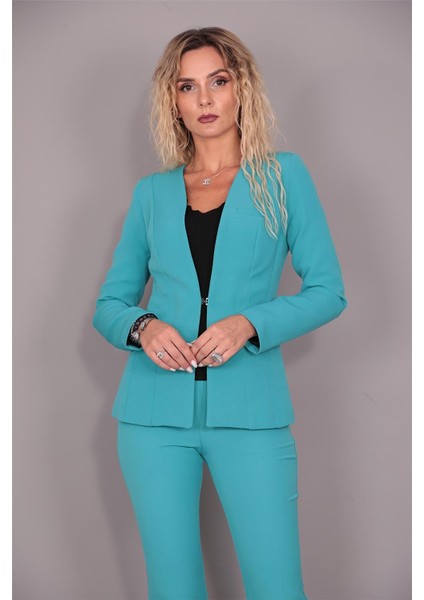 V Yaka Boydan Kuplu Kılasik Ceket-Turkuaz indirimleri