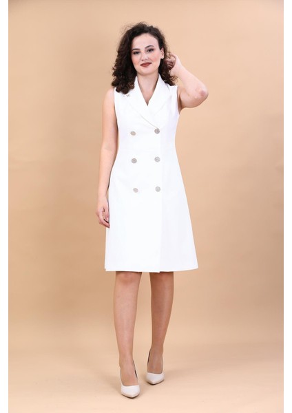 Erkek Yaka Belden Kesik Kuruvaze Elbise-Beyaz