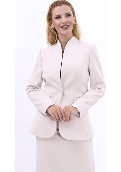 Kendinden Dik Yakalı Ceket-Bej