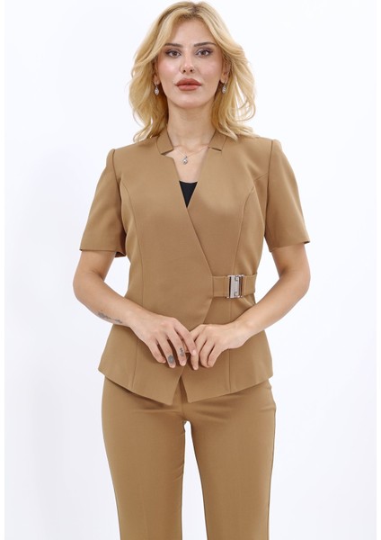 Hakim Yaka Yandan Tokalı Çapraz Ceket-Camel indirimleri