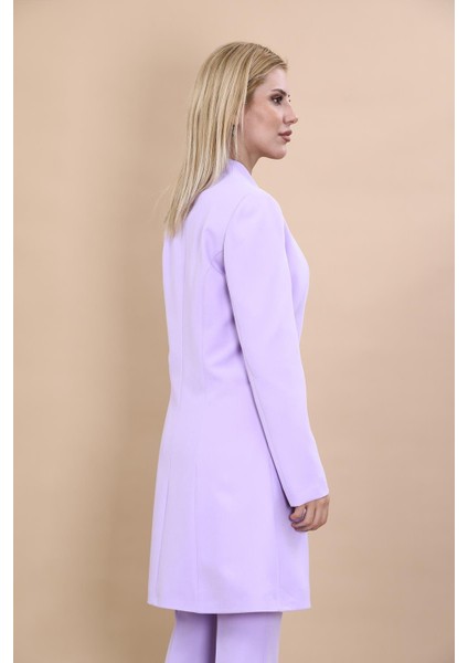 Kendinden Dik Yakalı Tek Düğmeli Uzun Ceket-Menekşe