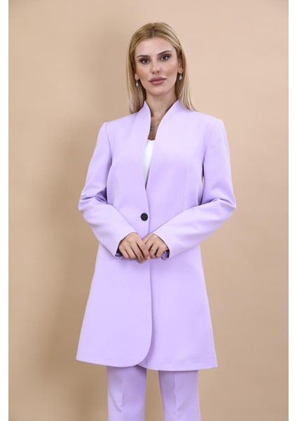 Kendinden Dik Yakalı Tek Düğmeli Uzun Ceket-Menekşe modelleri