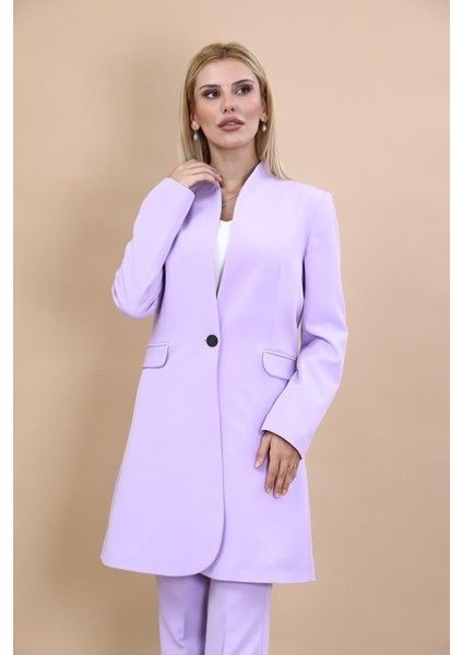 Kendinden Dik Yakalı Tek Düğmeli Uzun Ceket-Menekşe fırsatları