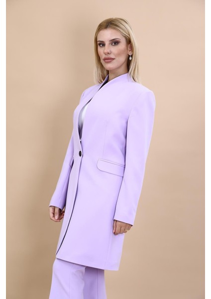 Kendinden Dik Yakalı Tek Düğmeli Uzun Ceket-Menekşe indirimleri