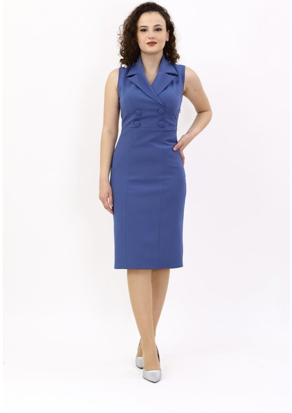 Erkek Yaka Yandan Fermuarlı Elbise-Indigo