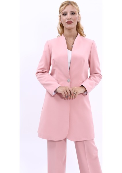 Kendinden Dik Yakalı Tek Düğmeli Uzun Ceket-Pudra